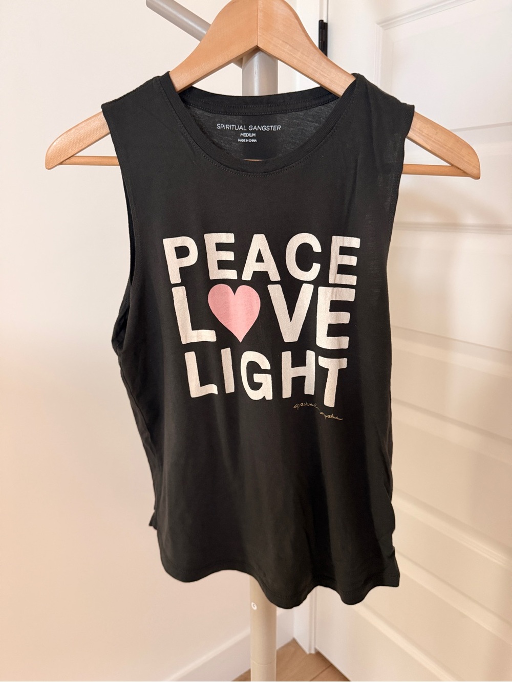 Spiritual Gangster M Peace Love Light Muscle Tank Washed Black White Pink Heart